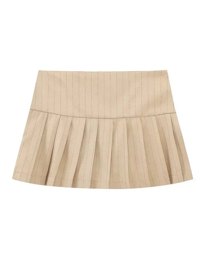 Summer Woman Stripe Slim Mini Skirts Side Zipper Stripe Skirt Low Waist Pleated Skirt With Lining Shorts