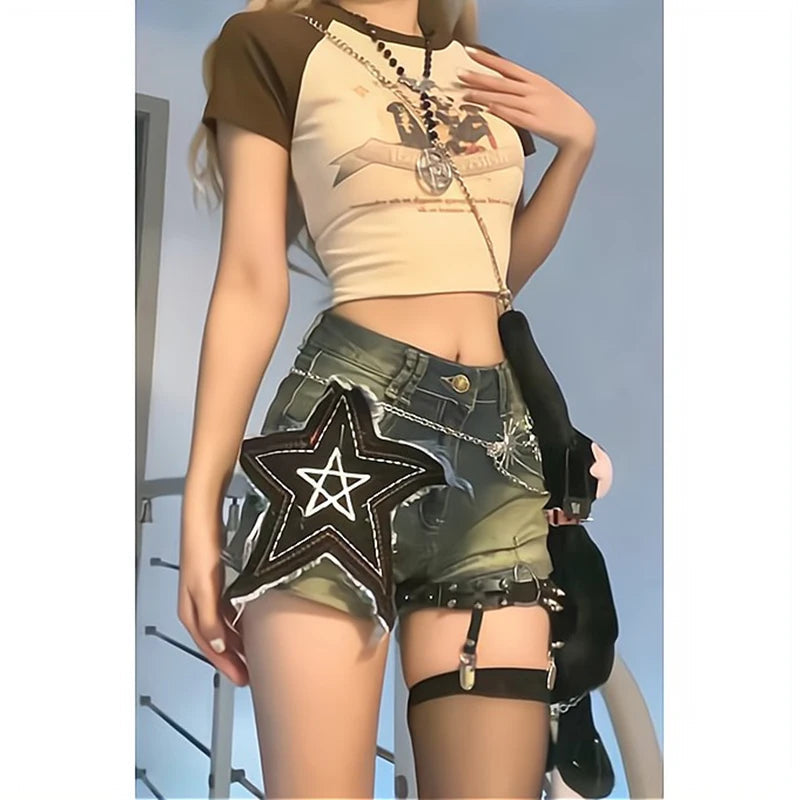 Y2k Star Print Denim Shorts Harajuku Gothic Wide Leg Shorts Jeans Summer High Waist Hot Short Pants New