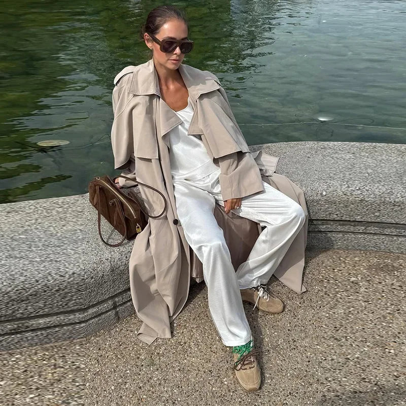 Trench Coat Lace Up Turn-down Collar Lady Long Jackets Autumn Winter Female Street Outwear New
