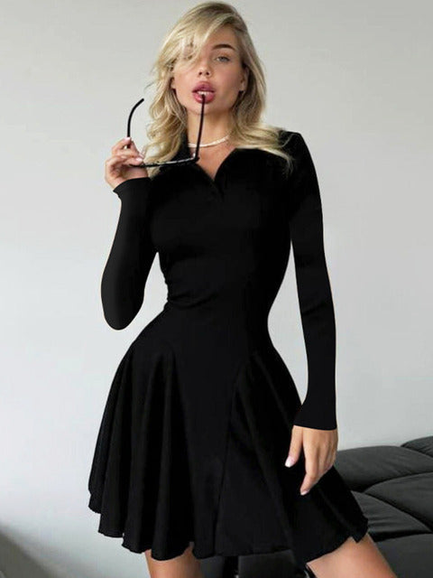 Long Sleeve Pleated Knit Mini Dress for Robe Autumn Winter New Lapel High Waist Knitted Sweater Dress