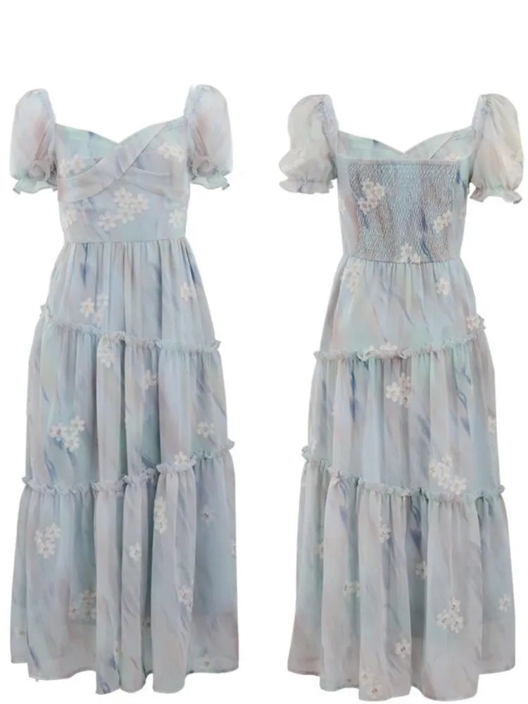 French Ruffles Midi Dresses for Lace Square Collar Puff Sleeve Princess Birthday Party Dress New