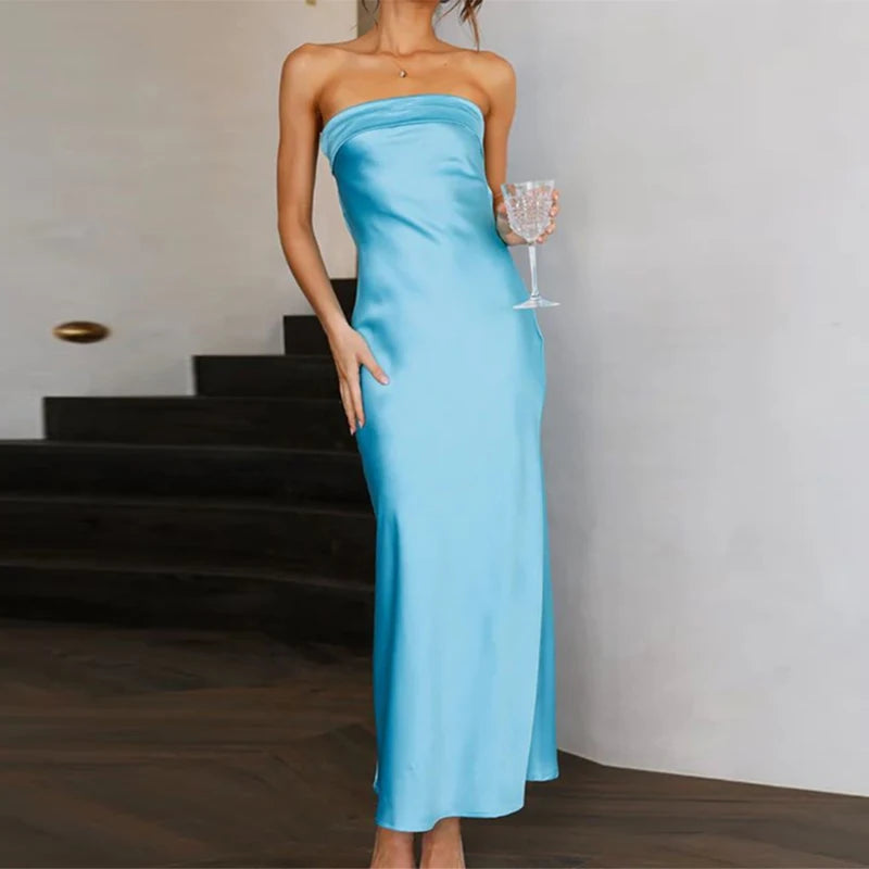 Kylethomasw Backless Strapless Dress Sleeveless Green Satin Party Dresses Summer Robes High Waist Long Dress