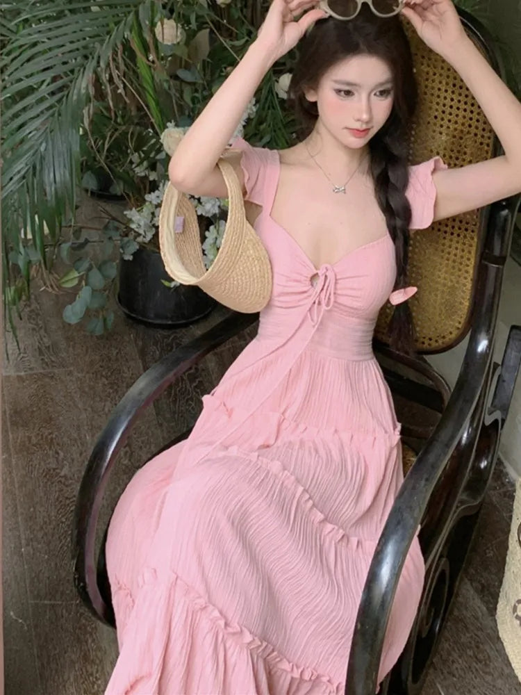 New Summer Long Dresses for Off Shoulder Aline Ruched Korean Holiday Beach Style Party Dress Robe Vestido