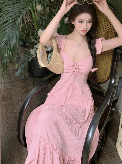 New Summer Long Dresses for Off Shoulder Aline Ruched Korean Holiday Beach Style Party Dress Robe Vestido