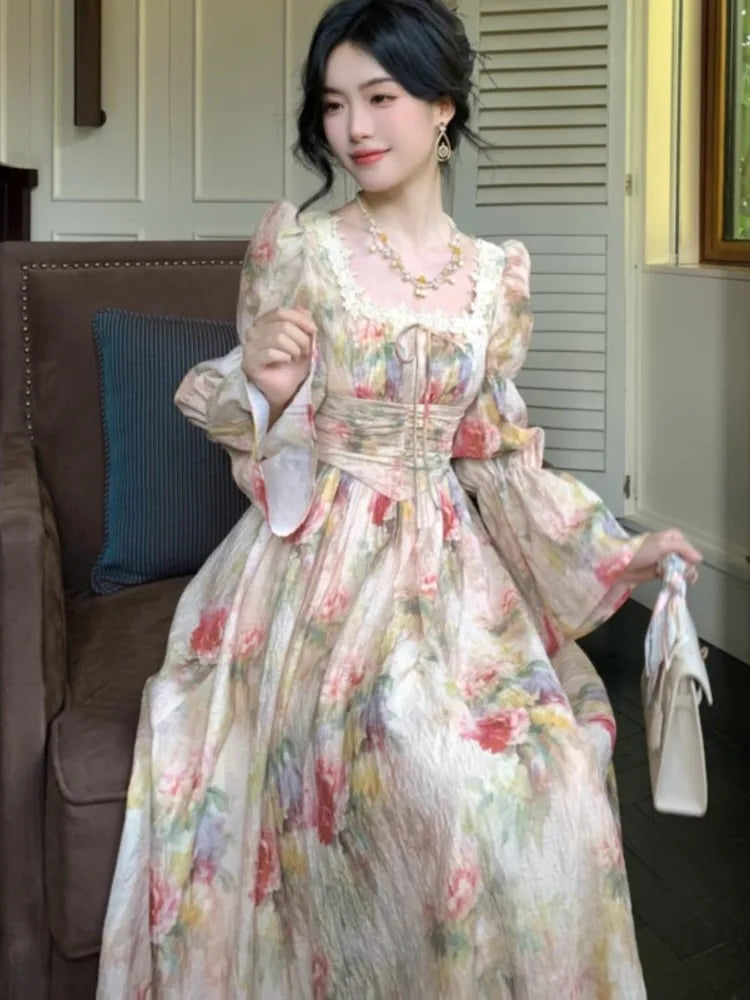 Autumn Painting Printed Long Dress French New Square Collar Lantern Sleeve Midi Dress Laceup Lady Vestidos Largos