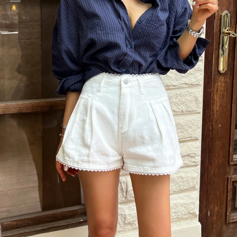 Spring Summer Lace Patchwork Denim Short Pants High Waist Loose Jeans Wide Leg Shorts for