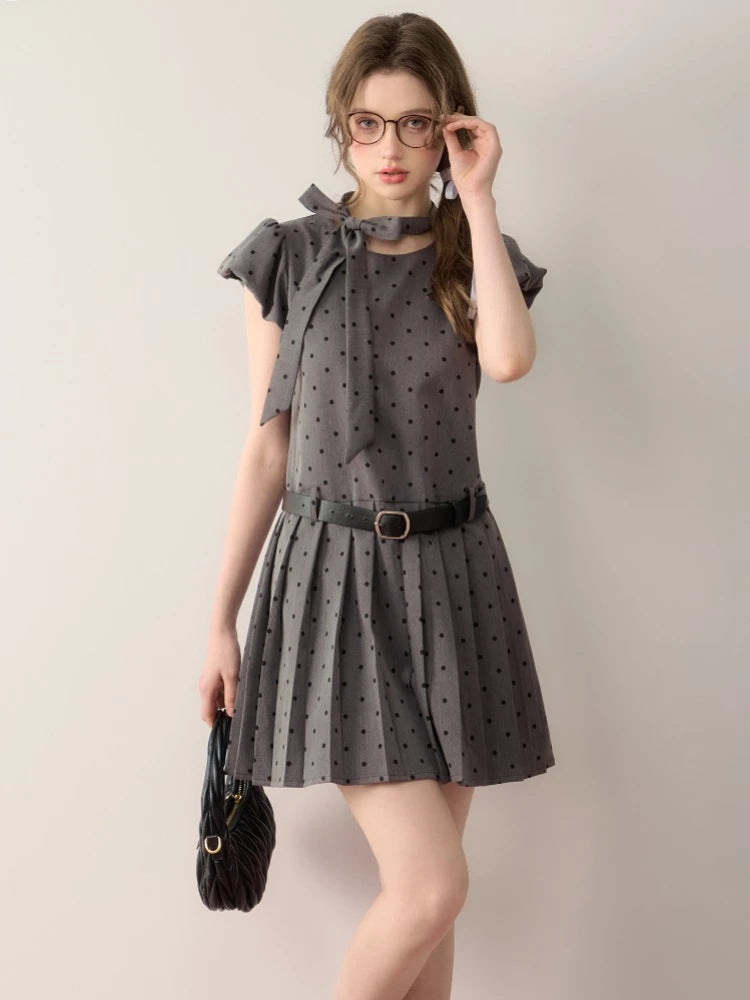 Kawaii Grey Dot Pleat Mini Dress for Bow Lace Up Puff Sleeve Birthday Dress Girl Summer Dress
