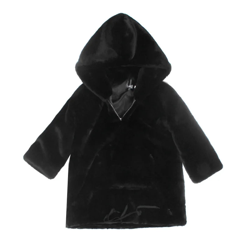 Runaway Brand Faux Fur Long Coat Big Pocket Warm Jacket Zip Hooded Fake Rabbit Fur Plush Overcoats