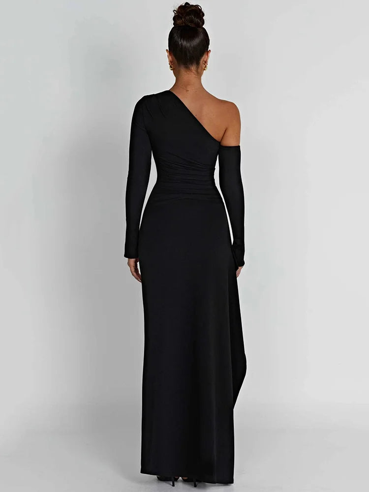 Oblique Shoulder Thigh High Split Maxi Dress Long Sleeve Backless Bodycon Club Party Long Dress Vestidos