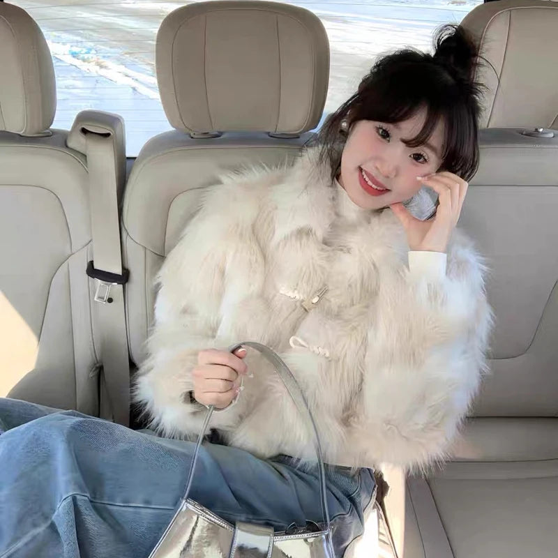 Sweet Hot Girl Horn Button Faux Fur Coat Winter Loose Turndown Collar Longsleeved Short Jacket Female Clothes