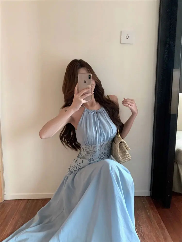 Lace Patchwork Hanging Neck Dress Summer Waist Cinched Sleeveless Spicy Girl Temperament Aline Long Dresses