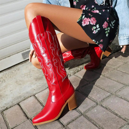 Western Cowboy Knee High Boots Pointed Toe Thick High Heeled Embroider Autumn Winter Red Long Booties Shoes Woman