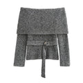 Off Shoulder Sweater With Belt Knitted Thick Long Sleeve Sweaters Female Winter Street Knitwear