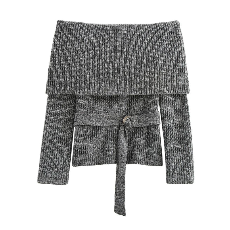 Off Shoulder Sweater With Belt Knitted Thick Long Sleeve Sweaters Female Winter Street Knitwear