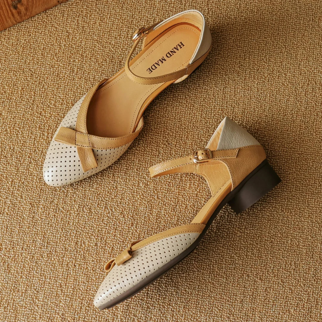3441 Sheepskin Hollowout Mix Color Patchwork Ankle Strap Flats Sandals Round Toe Daily Shoes