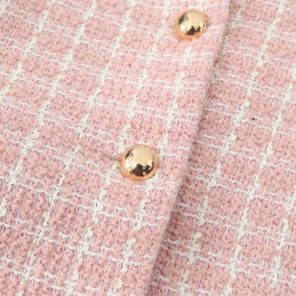 2 Pieces 1 Set French Style Retro Pink Plaid Woven Tweed Blazer + High Waist Mini Shorts Pants Suits