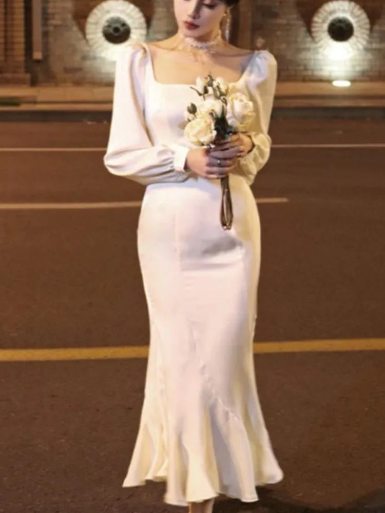 Spring Ruffles Midi Dress Evening Party Prom Vestidos Summer Long Sleeve Female Clothes Robe Korean