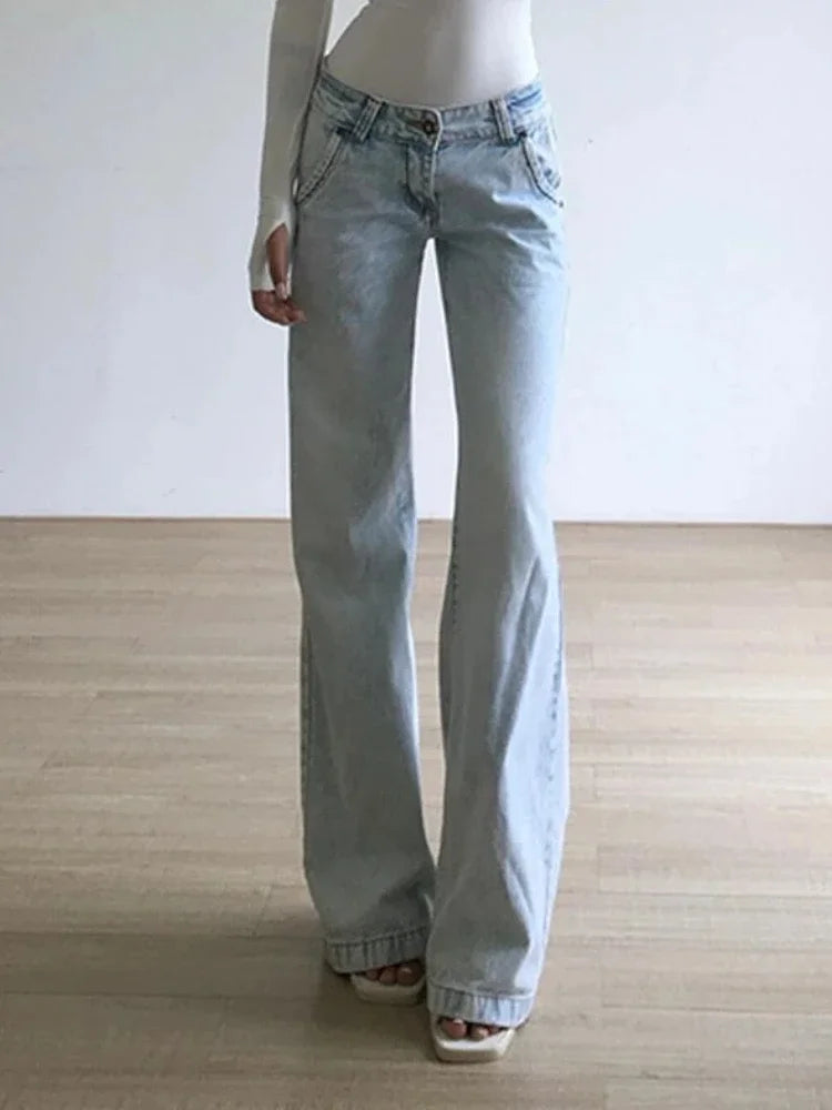 2000s Light Blue Low Waist Jeans New Woman American Denim Pants Female Washed Straight Pantalons Mujer