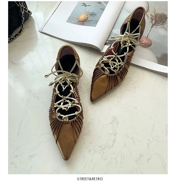 Cross Straps Sandals Pointed Toe Gold Star Detail Mixed Color Low Block Heels Ankle Lace Up Summer Rubber Shoes