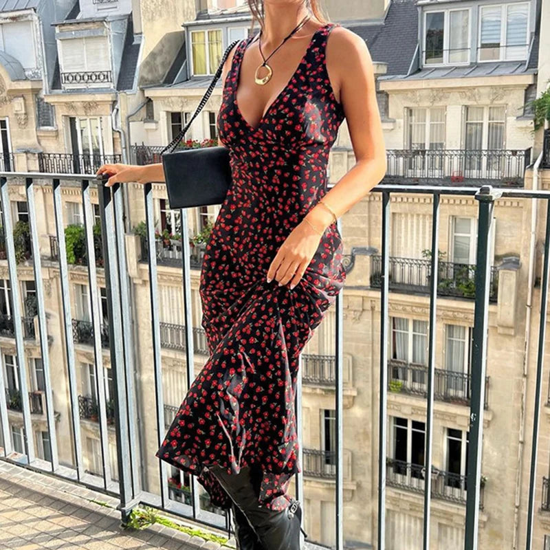French Style Print Long Dress for Holiday Party Deep Vneck Sundress Slimfit Straight Tank Robe