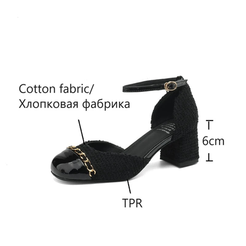 New Summer Sandals Cotton Fabric Shoes for Cover Toe Chunky Shoes Round Toe Cover Heel Sandals Splicing Chain Shoes