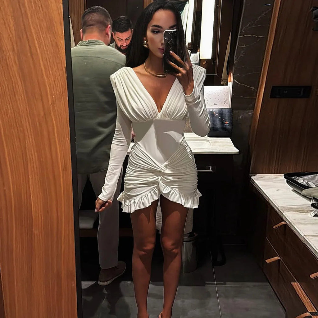 Autumn Cross Ruffle Trim Mini Dress Simple V-neck Ruched Full Sleeve Body-shaping Frock Female Classic Street Vestido