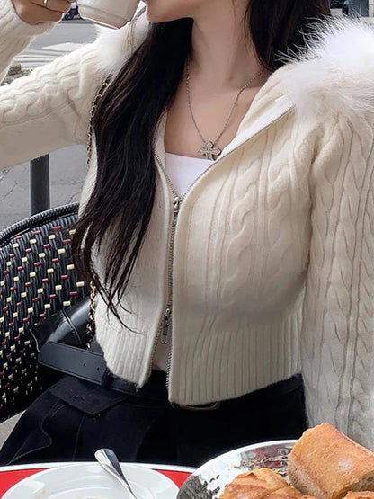 White Slim Zip Up Hooded Cropped Sweater Cardigan Autumn Winter New Sweet Coquette Fluffy Outerwear