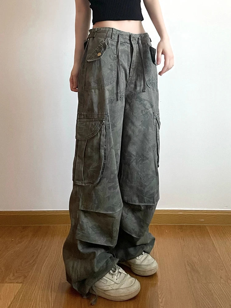 Print Camouflage Cargo Jeans Pockets Mid Waist Preppy Hippie Straight Denim Pants
