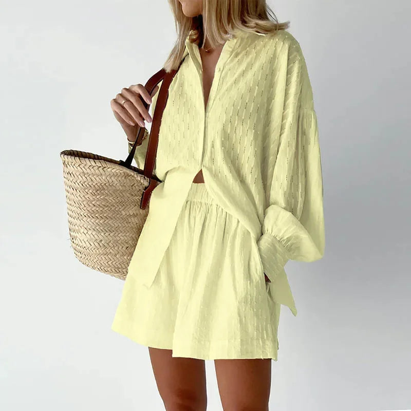 New Beach Shirt Shorts Twopiece Set Summer Tracksuit Female Loose Long Sleeve Top Suit Lounge Wear Homewear