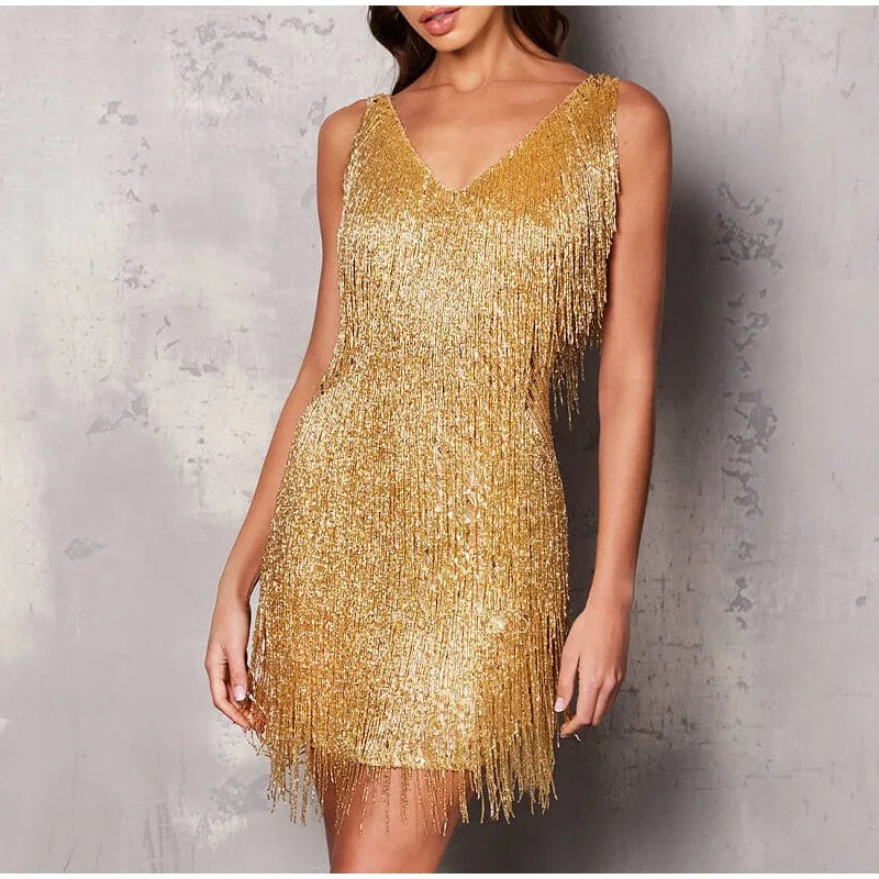 New Tassel Sequins Feather Mini Dress Spaghetti Strap Stitching Dresses Female Evening Party Club Dress