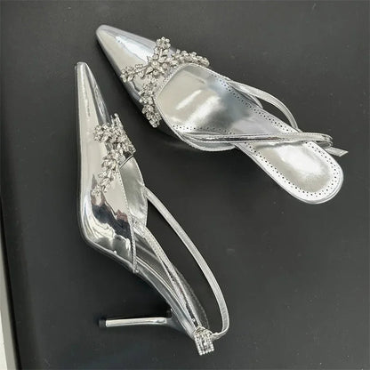 Design Crystal Rhinestone Pumps Buckle Strap Banquet Thin High Heels Prom Sandals Mule Shoes Zapatos De Mujer
