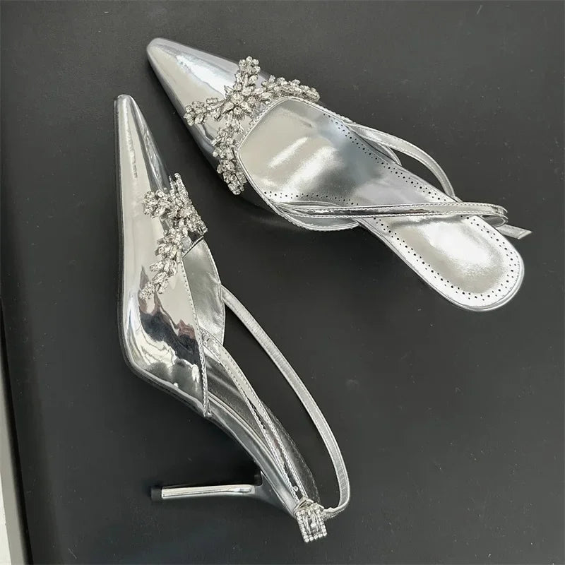 Design Crystal Rhinestone Pumps Buckle Strap Banquet Thin High Heels Prom Sandals Mule Shoes Zapatos De Mujer