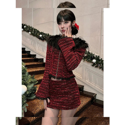 Autumn/winter New Year Red Skirts Set Winter Charm Spliced Coat High Waist Short Skirt Spicy Girl Two Piece Sets Outfits