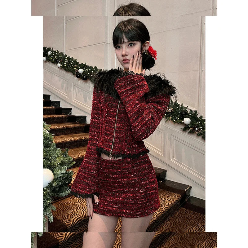 Autumn/winter New Year Red Skirts Set Winter Charm Spliced Coat High Waist Short Skirt Spicy Girl Two Piece Sets Outfits