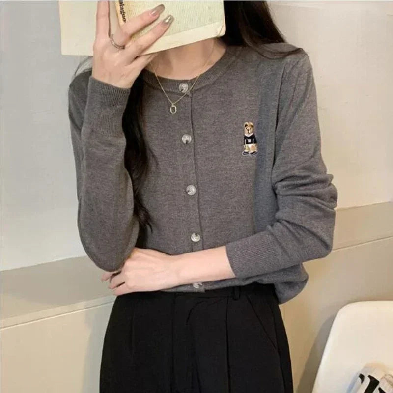 Spring Autumn ’s Knitted Cardigan Korean Single Breasted Long Sleeve Jumper Woman Round Neck Cardigans Outwear