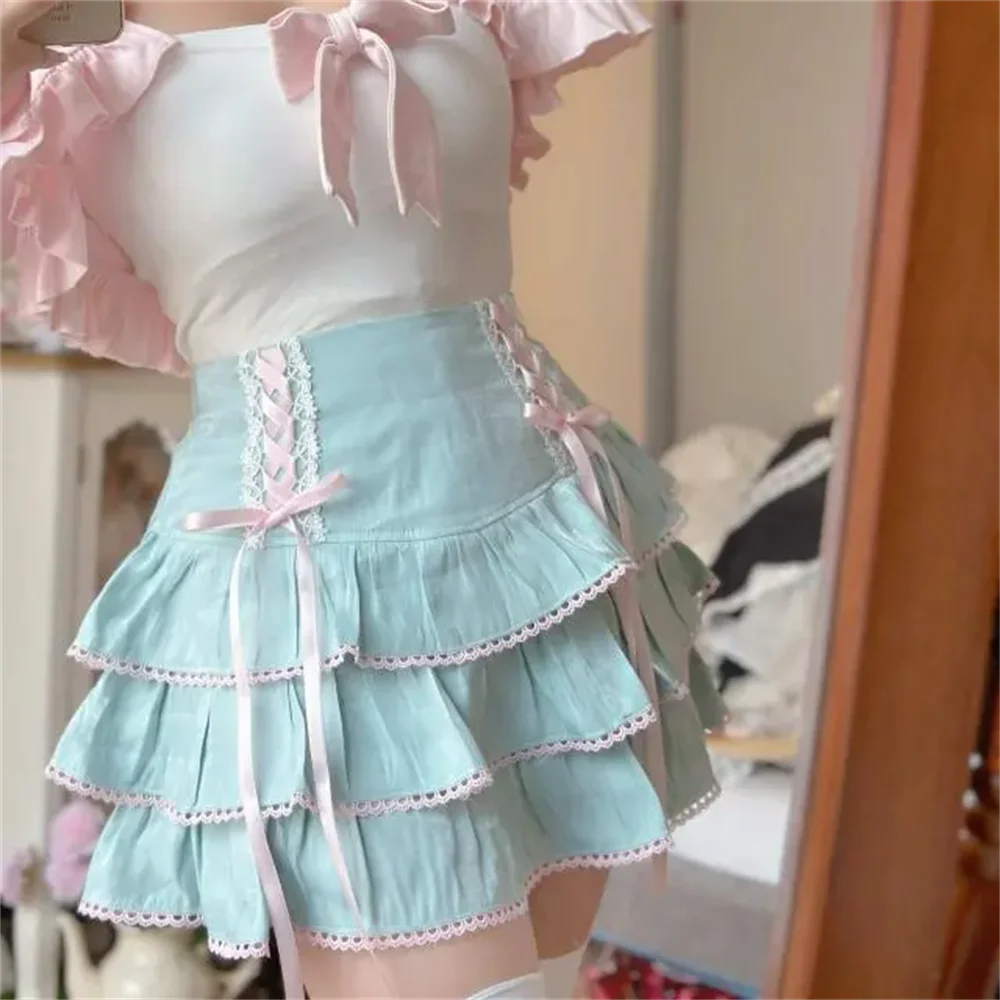 High Waist Bow Laceup Fairy Y2k Aesthetic Cake Mini Skirts Japanese Harajuku Kawaii Lace Pleated Skirts