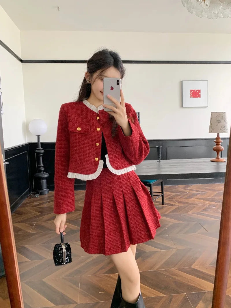 Sweet Hot Girl Christmas Suit Autumn Oneck Longsleeved Coat High Waisted Aline Skirt Twopiece Set Female Clothes