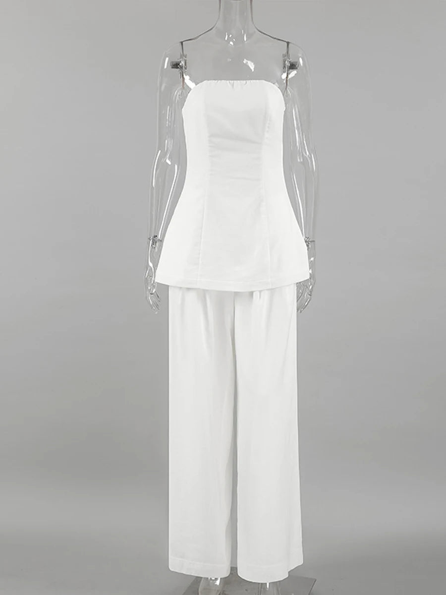 White Simple Wide Leg Pants Sets Summer New Off Shoulder Sleeveless Tube Tops Pants 2 Piece Set