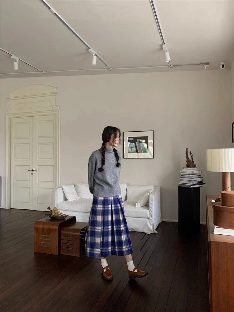 Japan Preppy Plaid Skirts for Woman Autumn Winter Woolen Plaid Pleated Long Skirt Aline Woolen Umbrella Skirt