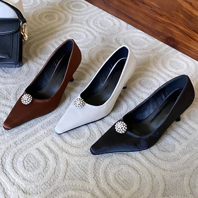 Silk Rhinestone High Heels Pointed Toe Pumps Office Shoes Female Shallow Brand Banquet Dress Shoes