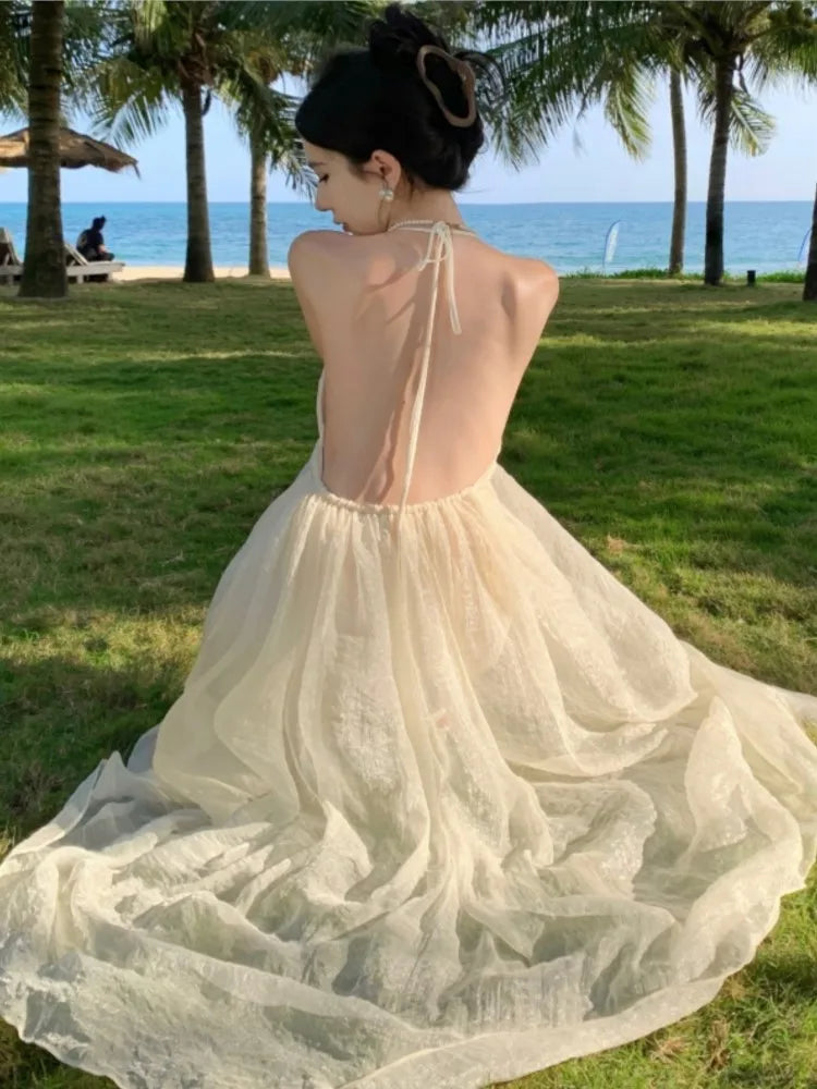 Backless Pleated Aline Long Dresses Summer Beige Slim High Waist Holiday Sleeveless Round Neck Halter Bandage Fairy Dress