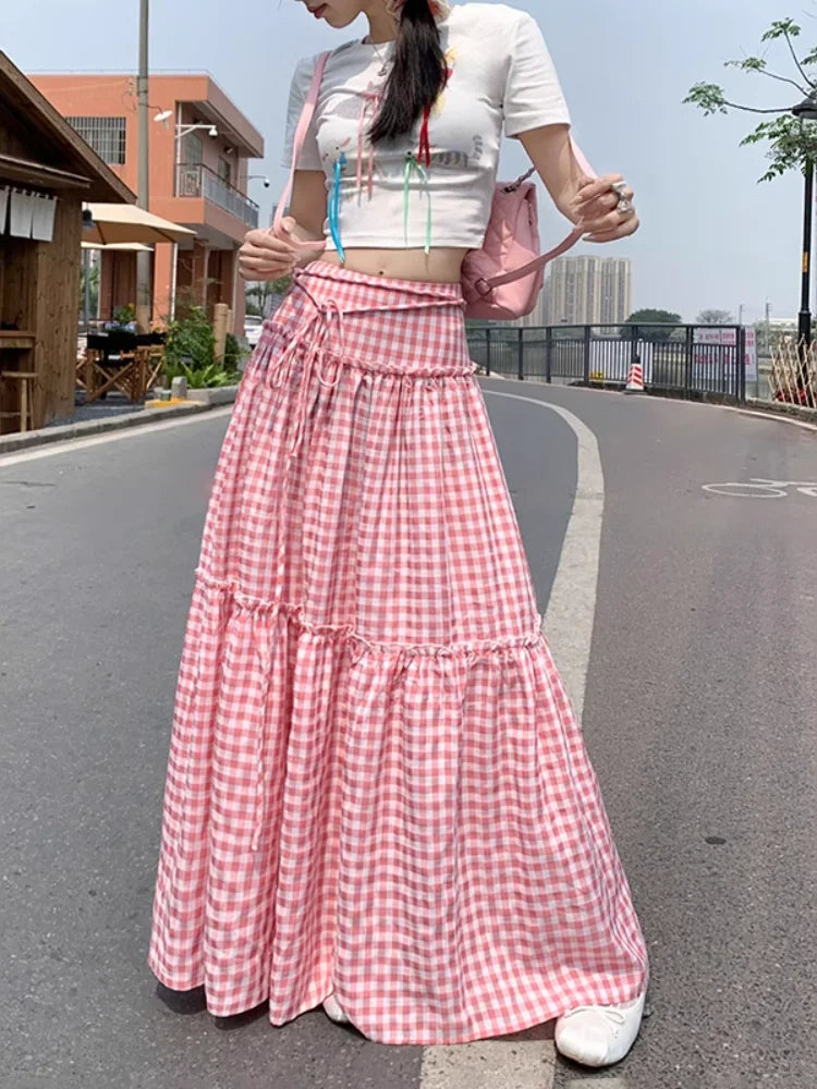 Color Blocking Plaid Design Skirt Summer New Elastic Waist Long Skirt Korean Pastoral Style Aline Skirt