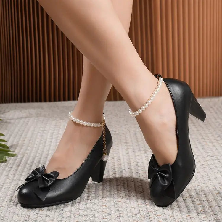 Bowknot Shallow Mouth Korean Shoes Pearl Decorateion Female Sneakers Round Toe Heels Crystal Butterfly 2