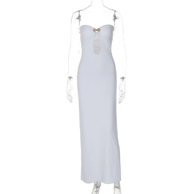Metal Button Strapless Backless Long Dress Hollow Out Off-shoulder Sleeveless Bodycon Party Midi Dress