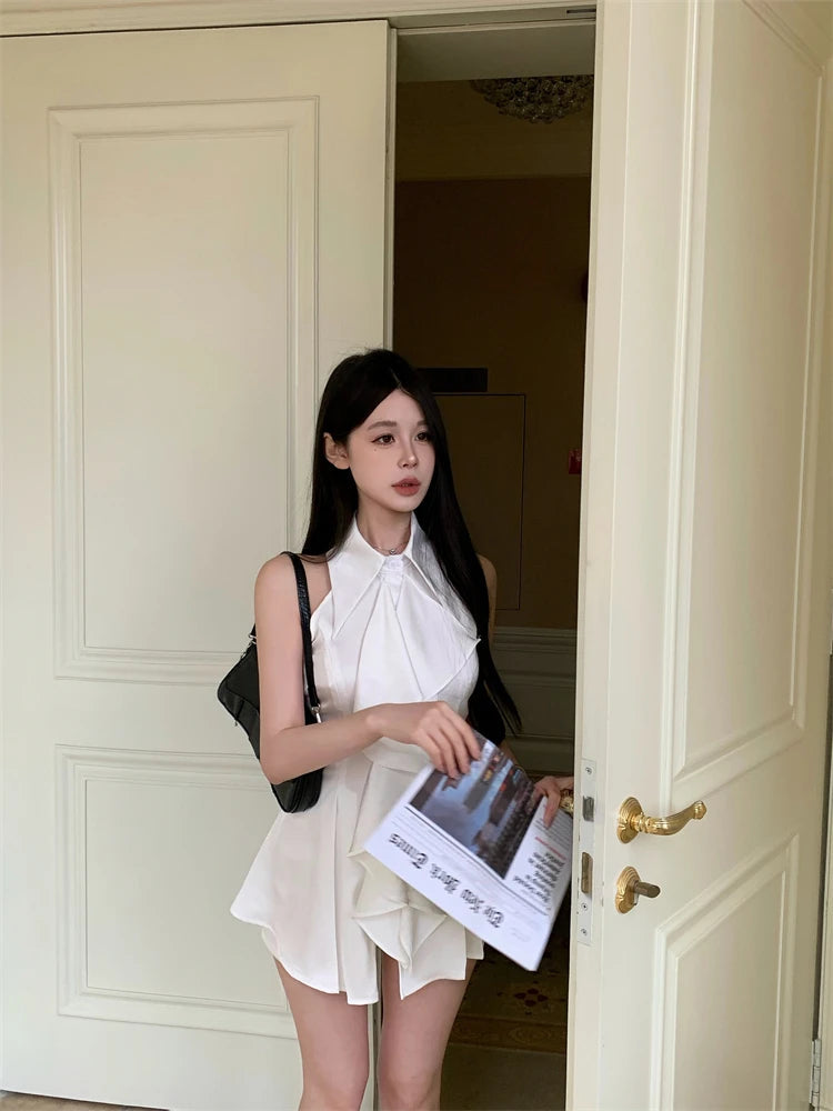 White Ruffle Edge Polo Neck Sleeveless Shirt Top Summer French Style Mid Length Waist Slim Blouses Clothing