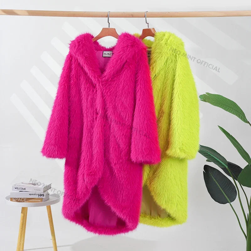 Brand Runway Long Hooded Faux Fur Coat Jacket Ins Nicki Minaj Neon Green Chunky Overcoat Outerwear