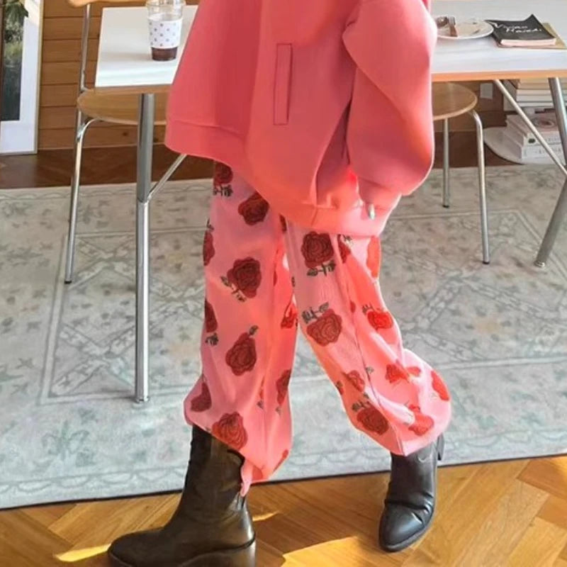Print Threaded Straight Pants Summer New High Waist Loose All Match Pants