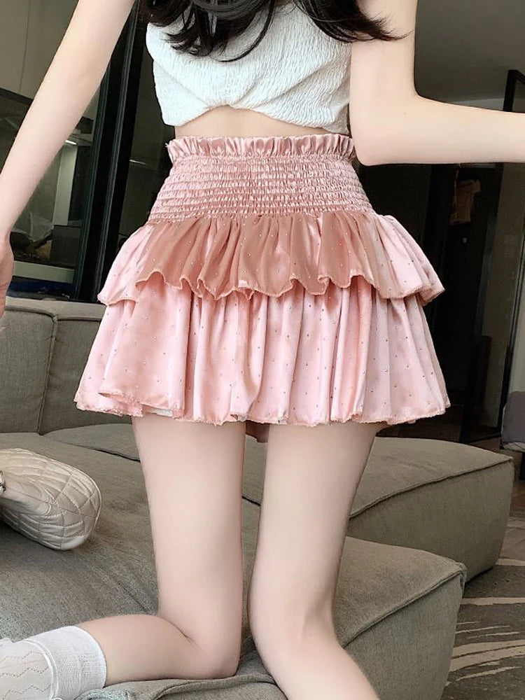 Y2k Ruffles Pink Mini Skirts Sweet Kawaii High Waist a Line Skirt Summer Korean Black Ball Gown Skirts