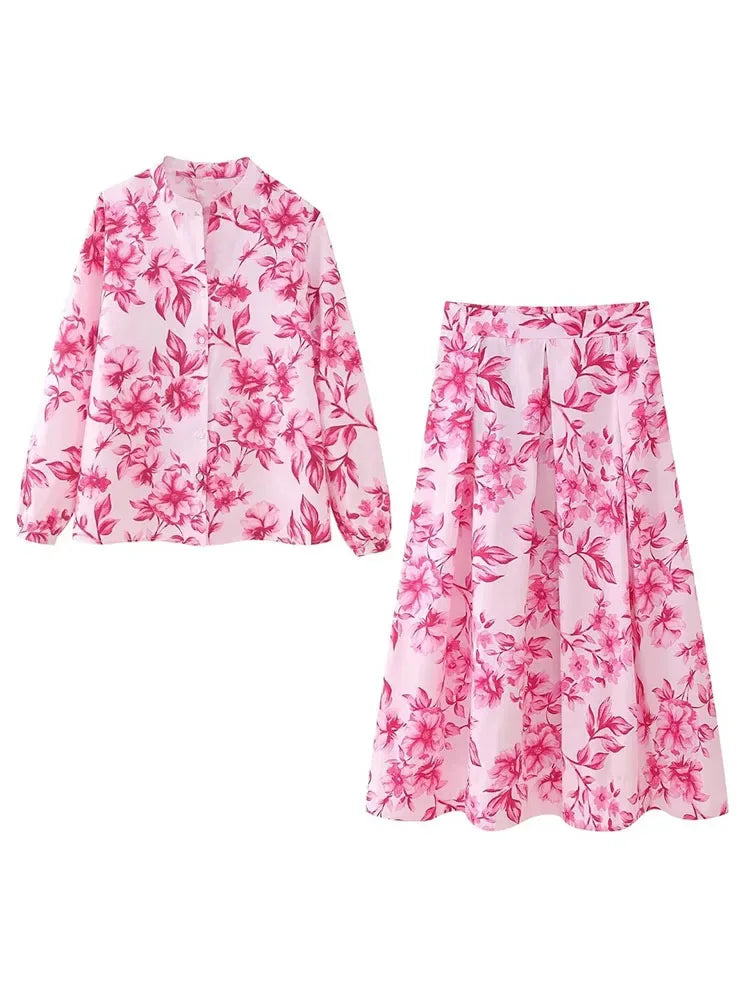 2 Piece Set Printed Long Sleeves Singlebreasted Top Blouse Female High Waist Aline Skirt