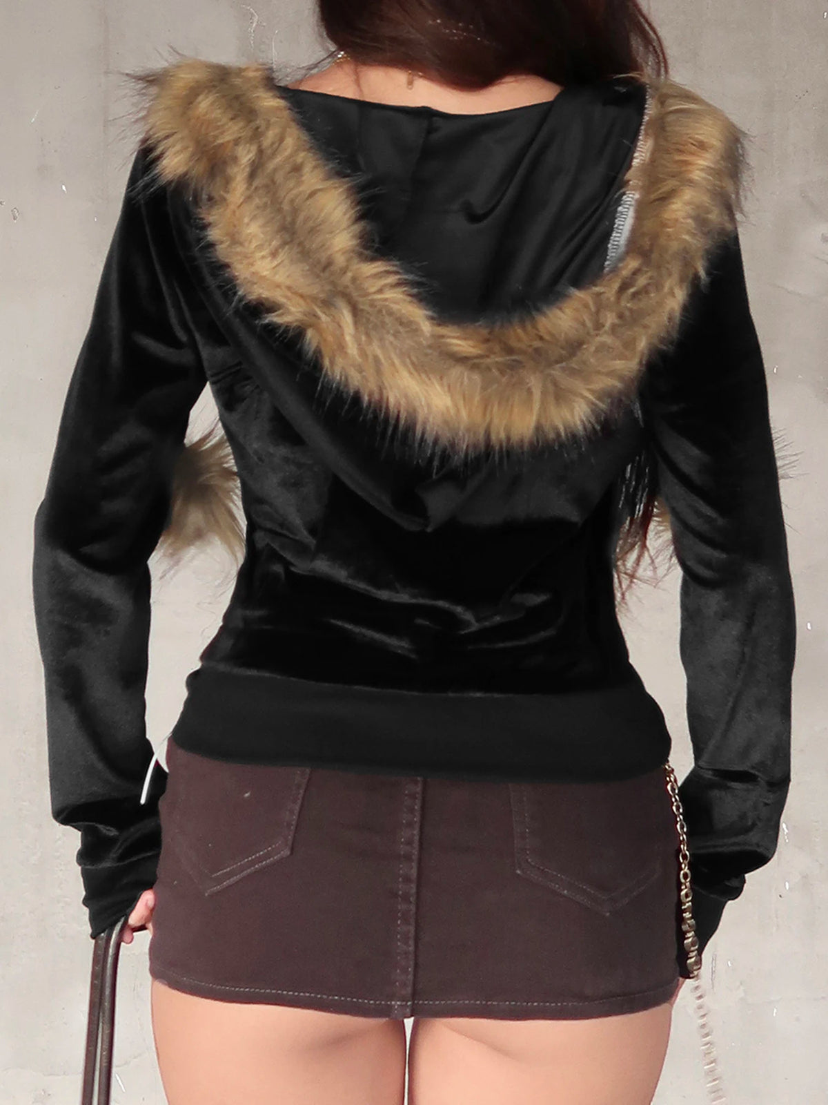 Black Velvet Faux Collar Hooded Sweats ��s Long Sleeve Causal Simple Hoodies Autumn High Clothes